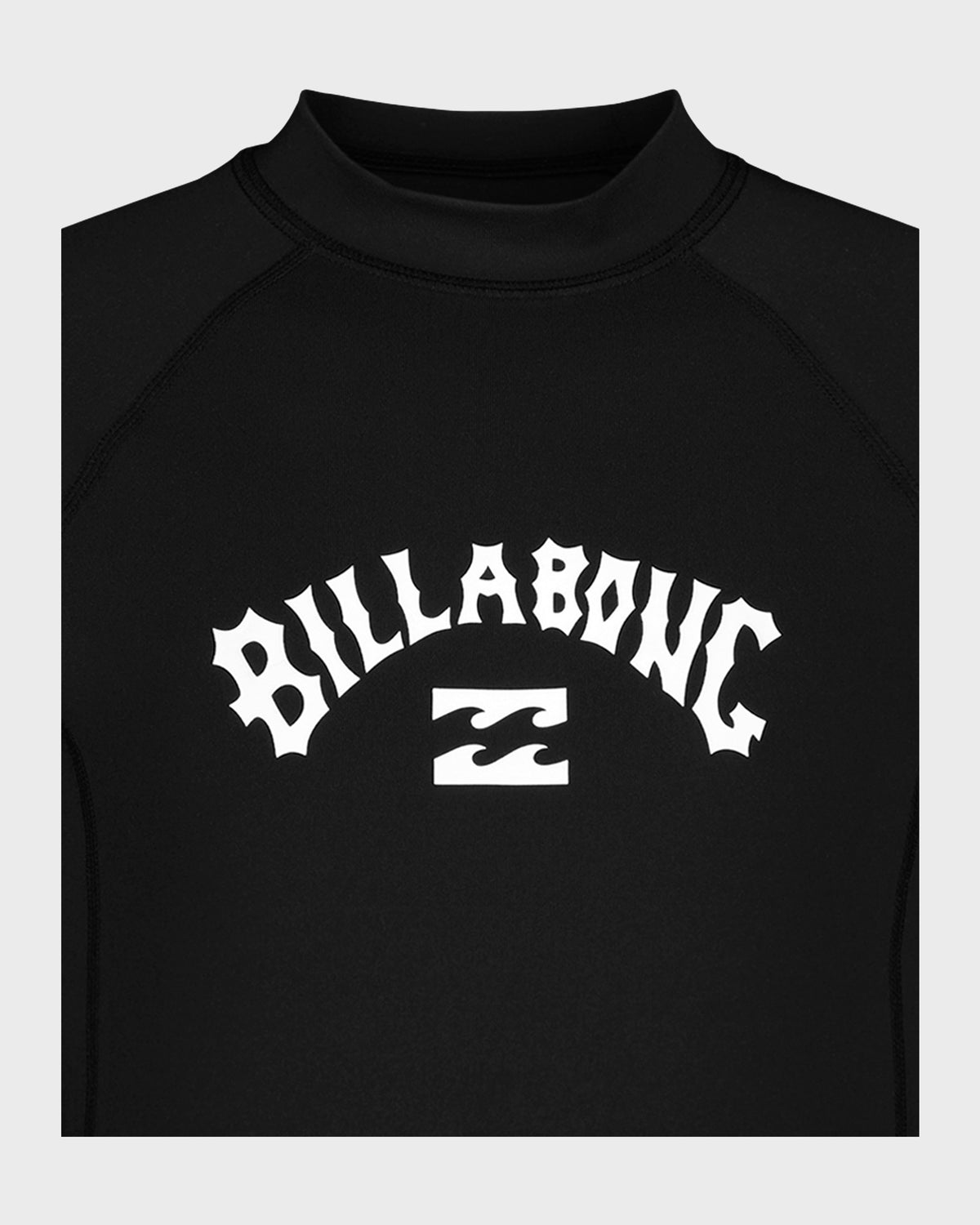 Black long sleeve rashguard with white "Billabong" text and logo on chest.