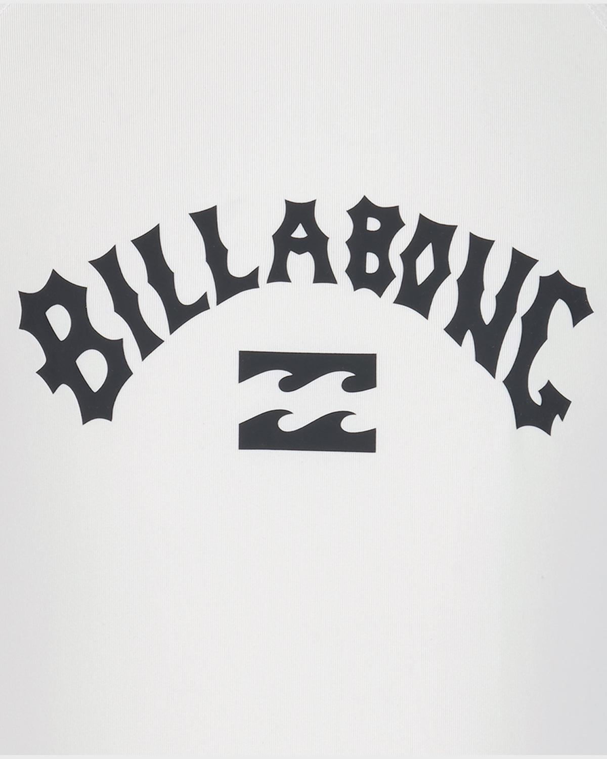 White long sleeve rashguard with black Billabong logo and wave graphic on chest.