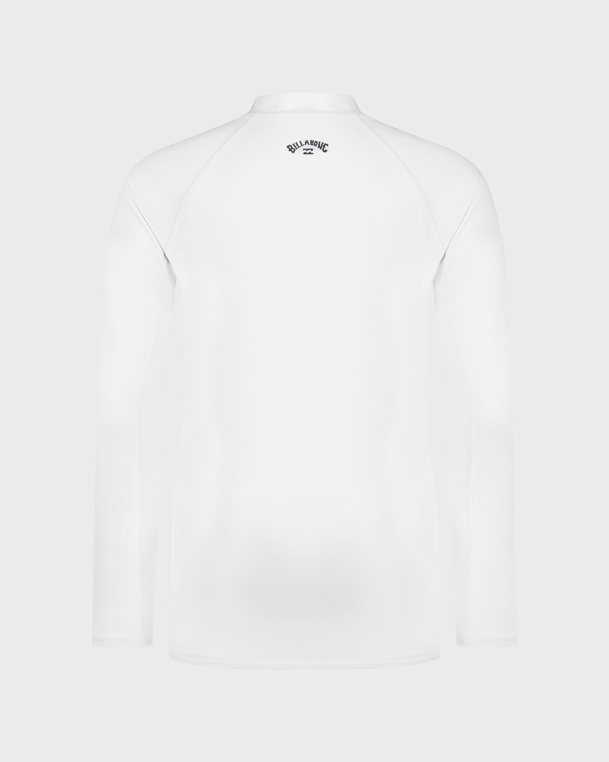 White long sleeve rashguard with Billabong logo on back neck.