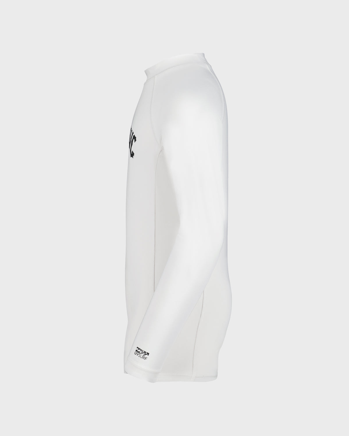 White long sleeve rashguard with arch logo on chest and brand tag on lower left sleeve.
