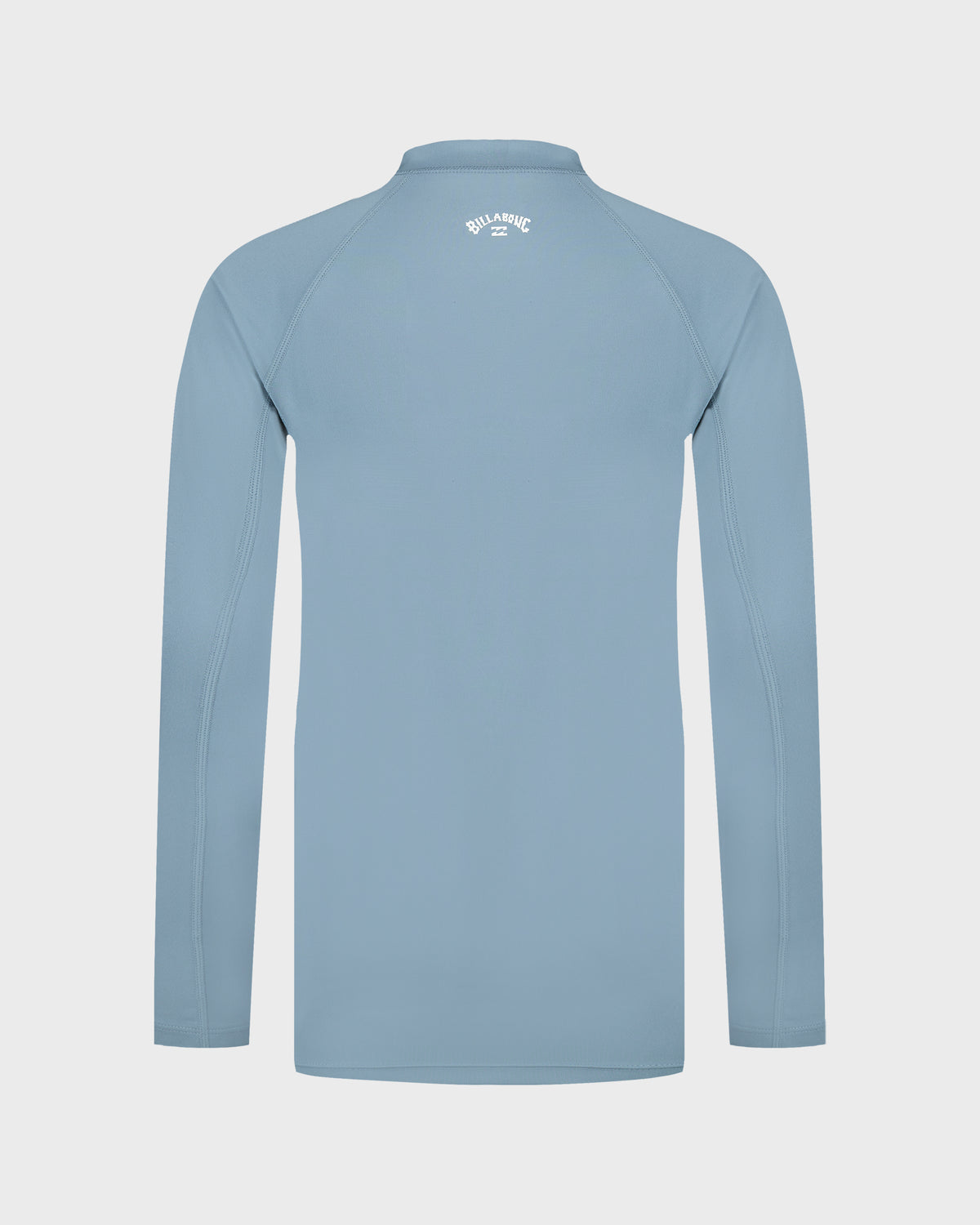 Blue long sleeve rashguard with white side panels and Billabong logo on back neck.