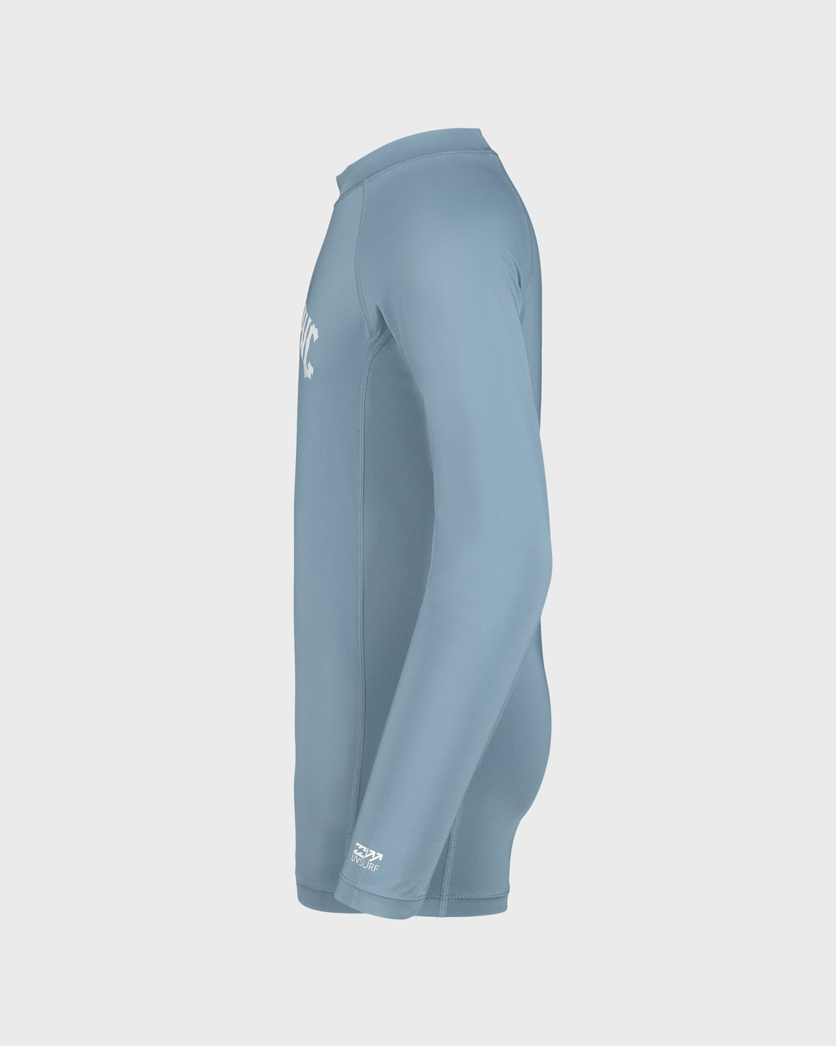 Blue long-sleeve rashguard with white logo details on side and hem.
