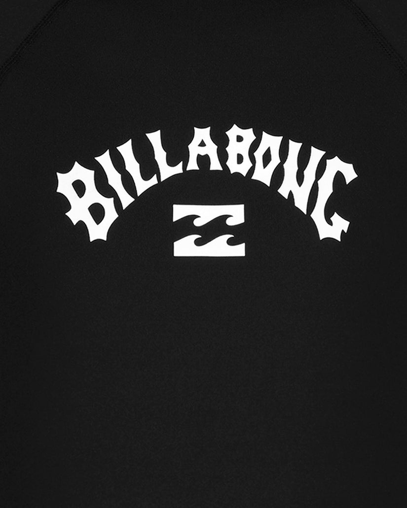 Black long sleeve rashguard with white Billabong logo and wave graphic on chest.