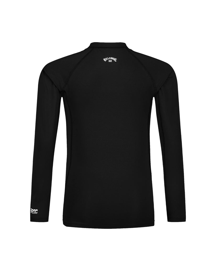 Black long-sleeve rashguard with white side panels and brand logo on neck and wrist.