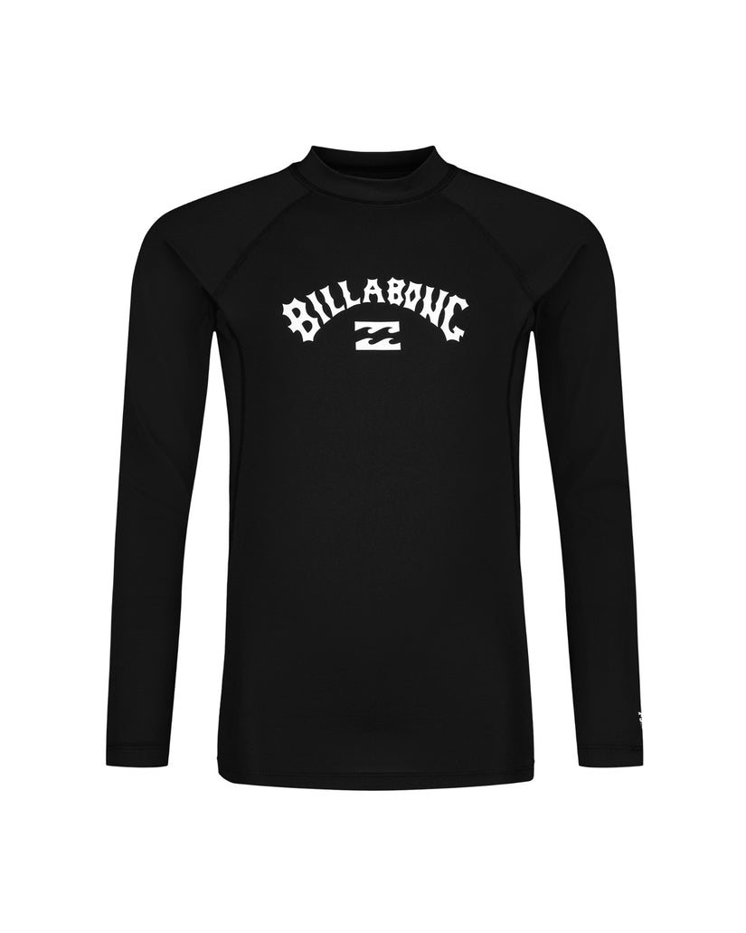 Black long sleeve rashguard with white "Billabong" text logo across chest and white side panels.