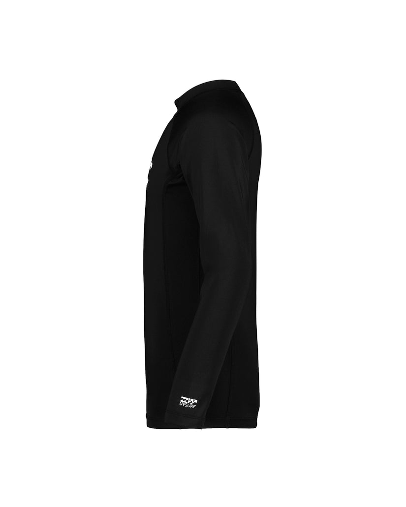 Black long sleeve rashguard with fitted cut, shown from the side on a mannequin.