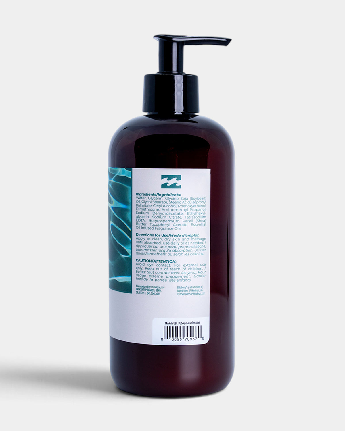 Dark blue pump bottle with white label containing ingredients and usage directions.