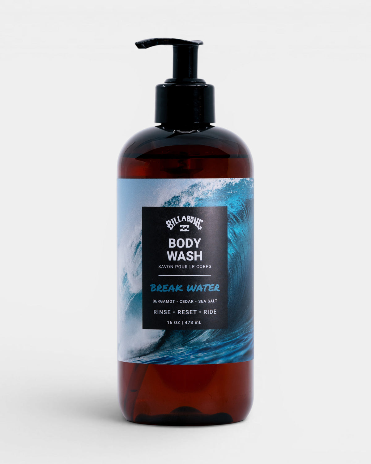 Billabong Break Water Body Wash in amber bottle with black pump dispenser and wave-printed label, 16 oz.