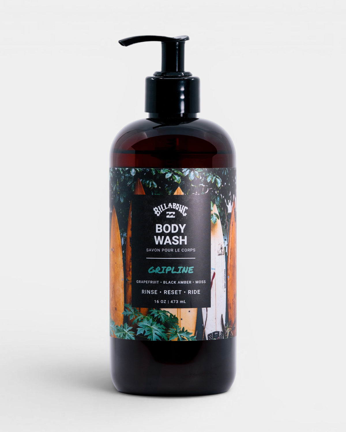 Black pump bottle of Billabong Gripline Body Wash with grapefruit, black amber and moss scent label, 16 oz size.