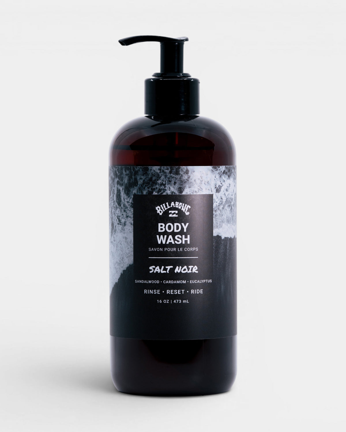 Black pump bottle of Billabong Salt Noir Body Wash, 16 oz, with label listing sandalwood, cardamom, and eucalyptus ingredient