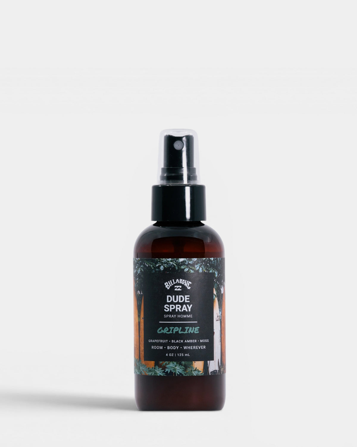 Dark amber spray bottle with black pump top and label reading "Dude Spray" by Billabong Gripline, 4 oz.