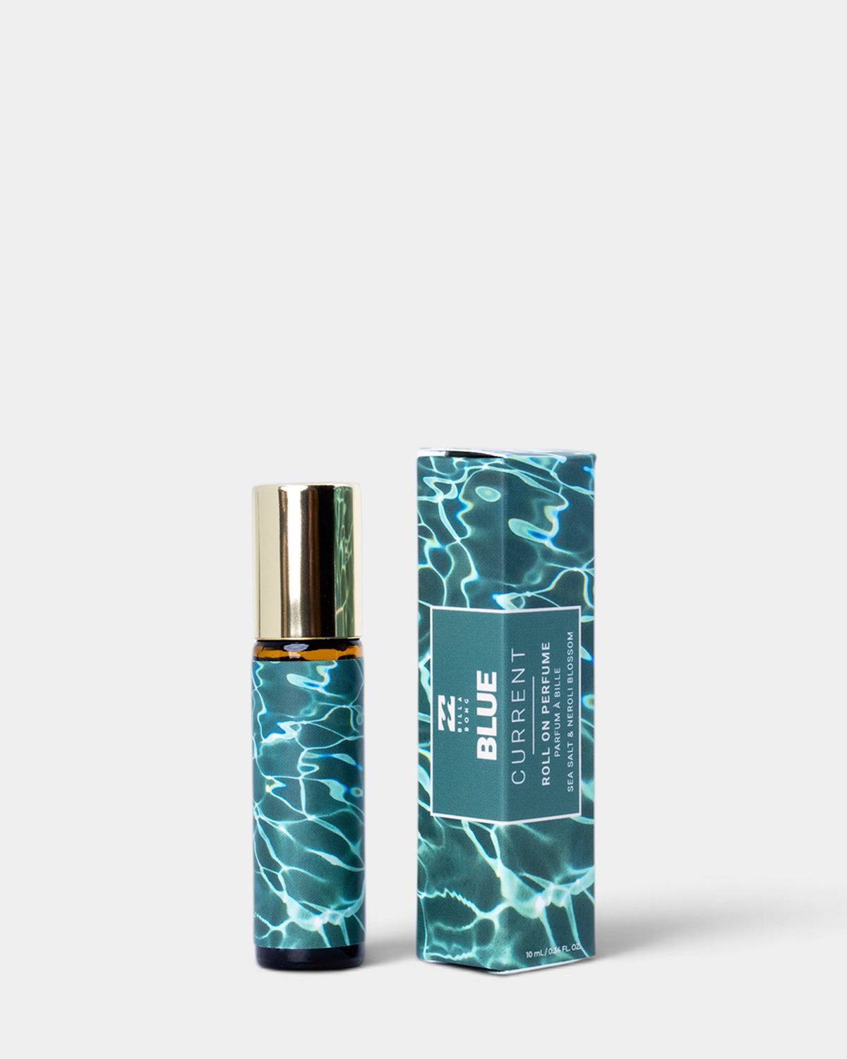Blue roll-on perfume bottle with water-pattern design and gold cap, displayed with matching cylindrical box.