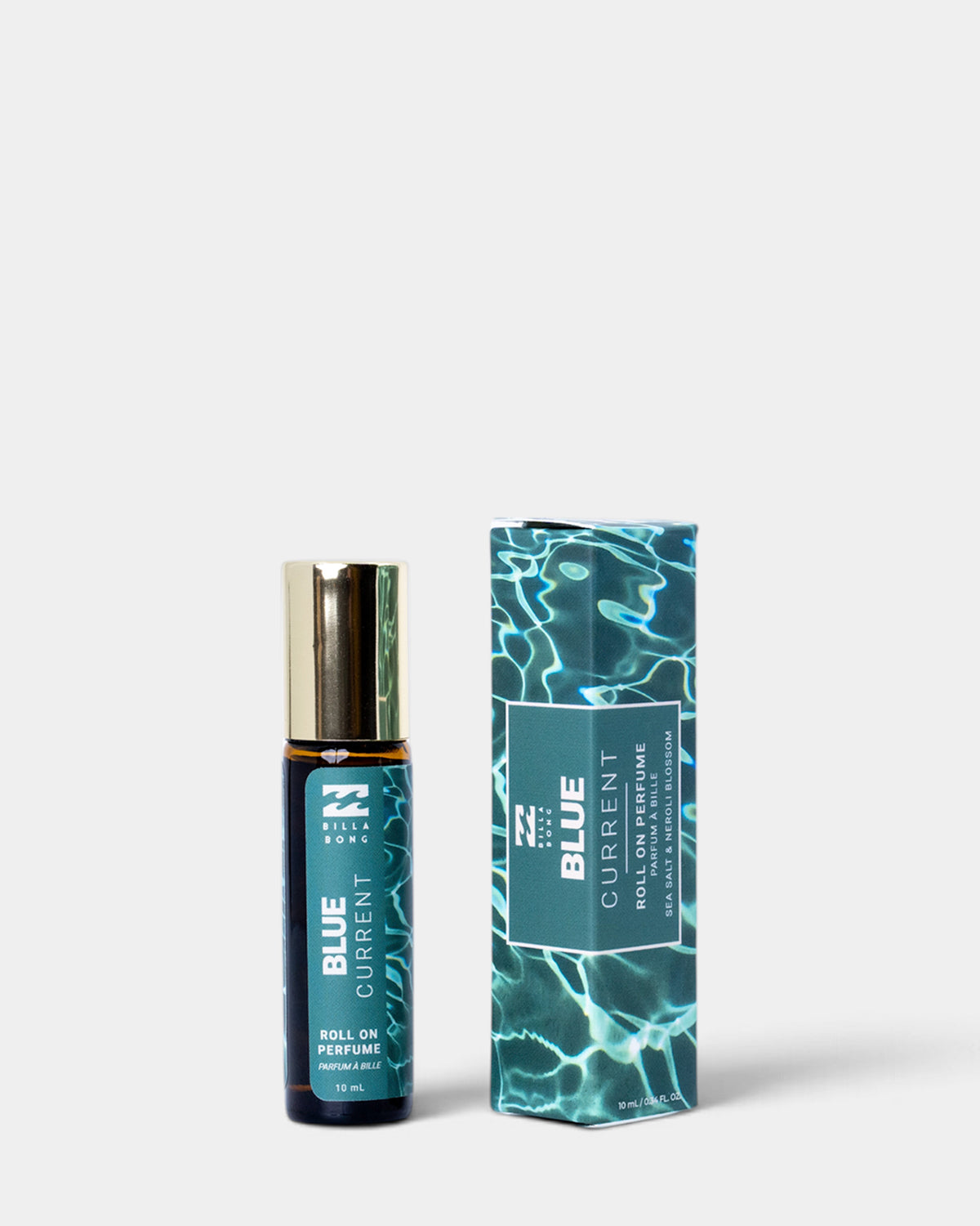 A roll-on perfume bottle with a gold cap stands next to its matching retail box. The bottle and box are teal with white text reading 'BLUE CURRENT' and 'ROLL ON PERFUME', while the box also features a blue water-ripple pattern.