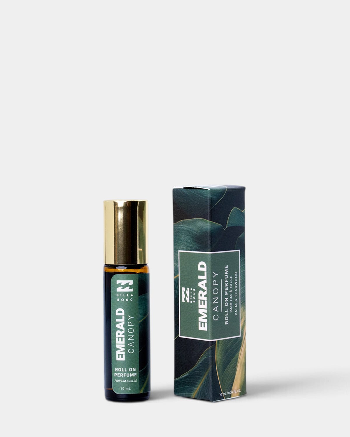 Emerald Canopy roll-on perfume by Niki Books, shown as a dark green glass bottle with a gold cap next to its matching dark green and black packaging box on a light gray background.