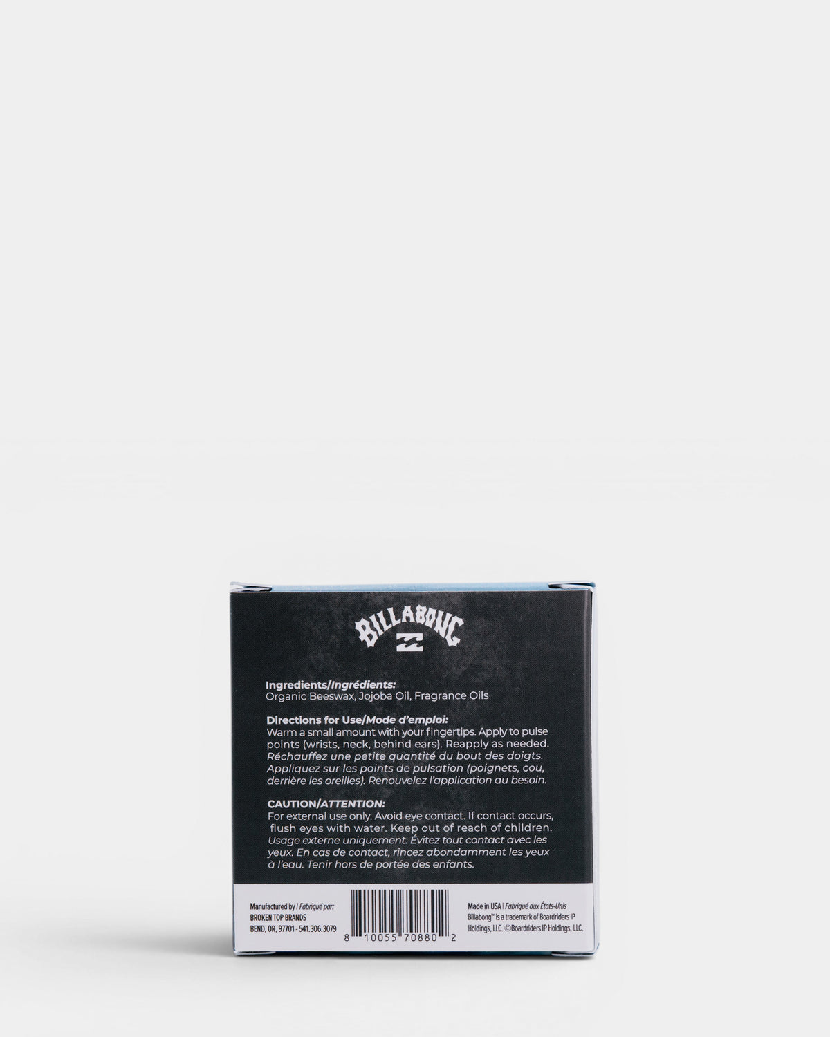 Black rectangular box of Break Water solid cologne with white Billabong logo and product information text on back.