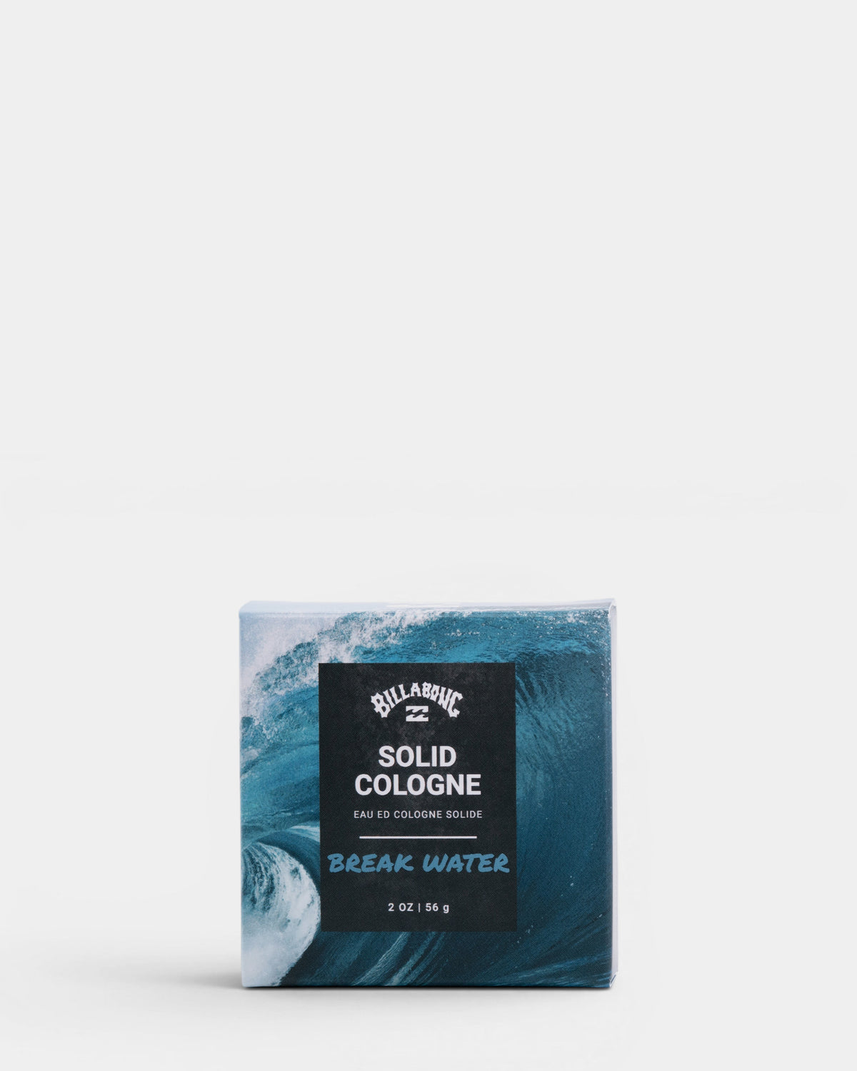 Square box of Billabong Break Water solid cologne with ocean wave imagery and black label, 2 oz size.