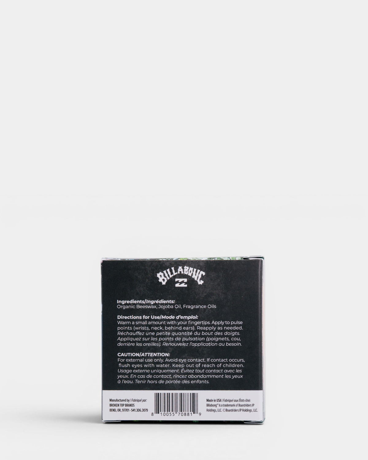 Billabong solid cologne tin with black and white label showing ingredients, directions, and caution information.