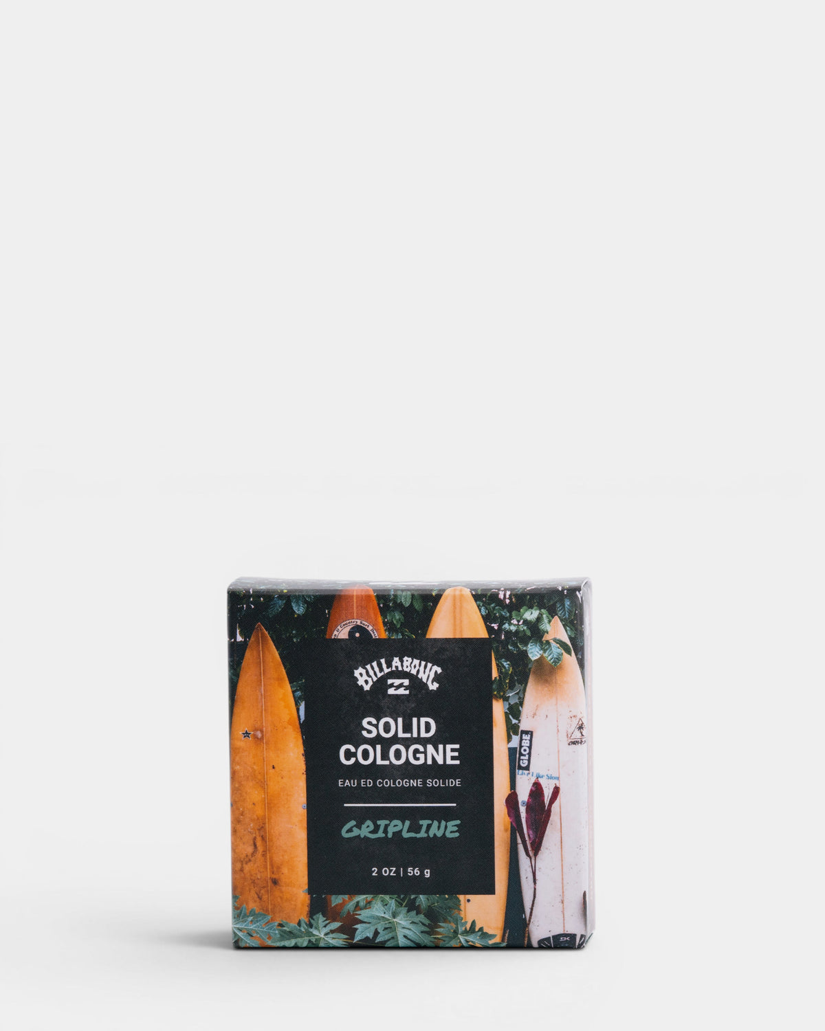 Square box with black label featuring surfboards and "Gripline Solid Cologne" text, 2 oz size.