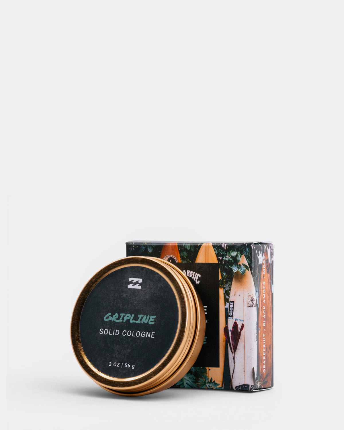 Round tin with black lid labeled "Gripline Solid Cologne" next to printed box packaging.