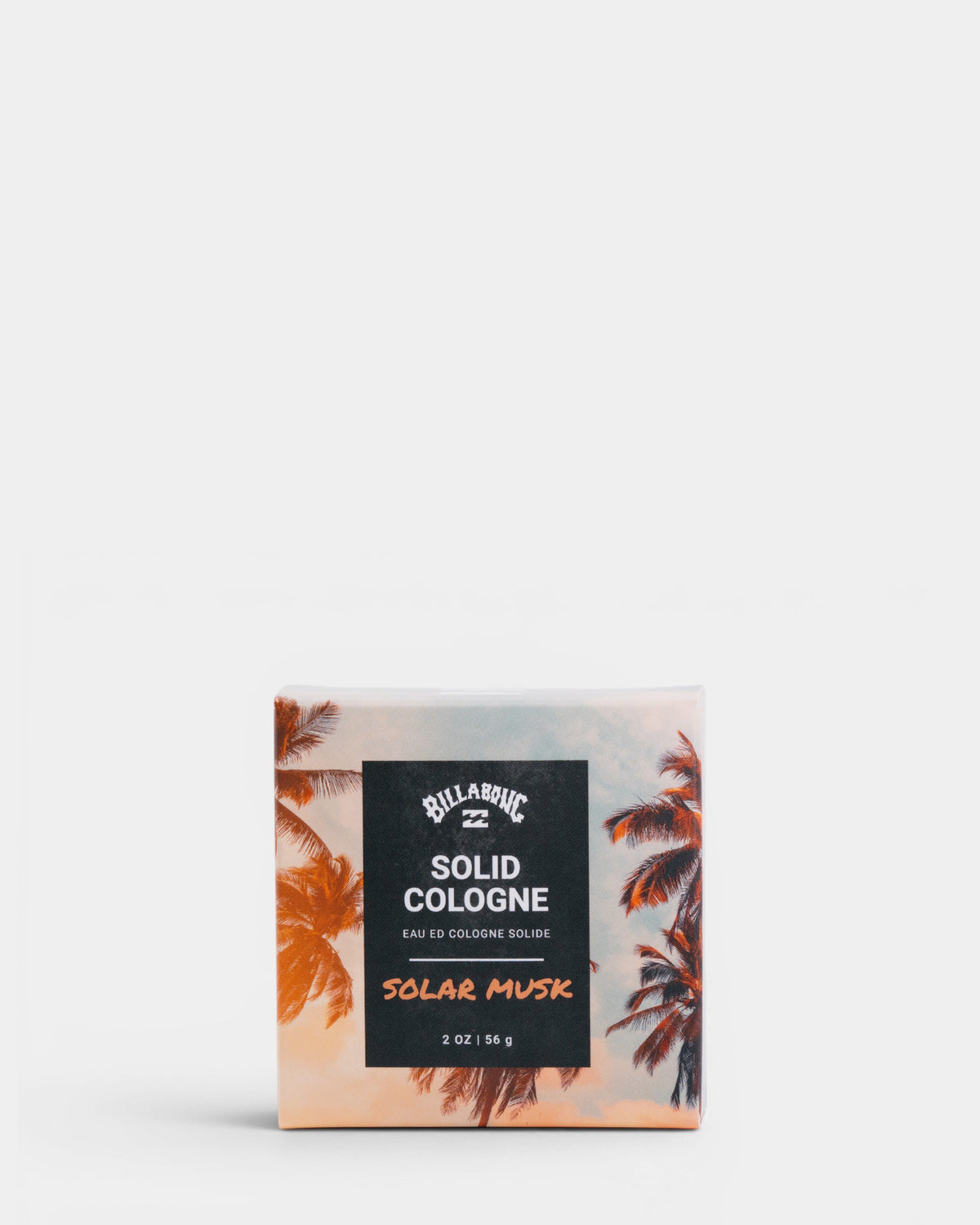 Square box of Billabong Solar Musk solid cologne with palm tree graphics and black label, 2 oz size.