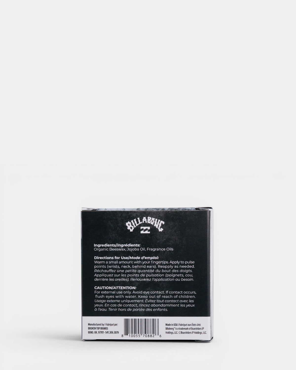 Salt Noir solid cologne tin with black and white label showing ingredients and directions for use.