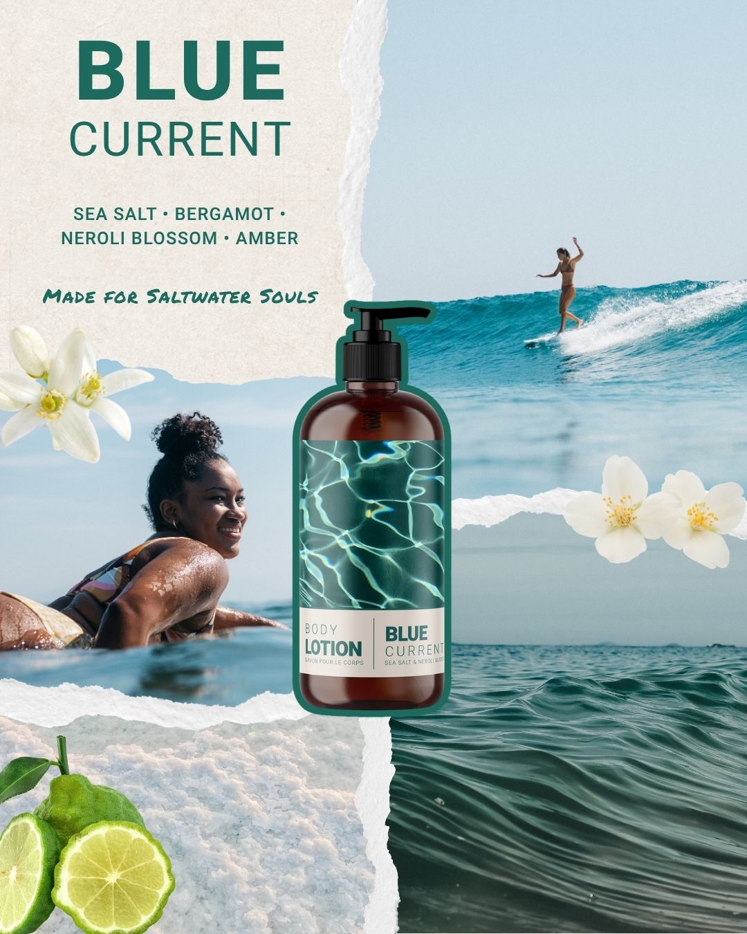 Blue Current body lotion in amber glass pump bottle with water wave design label and white flowers.
