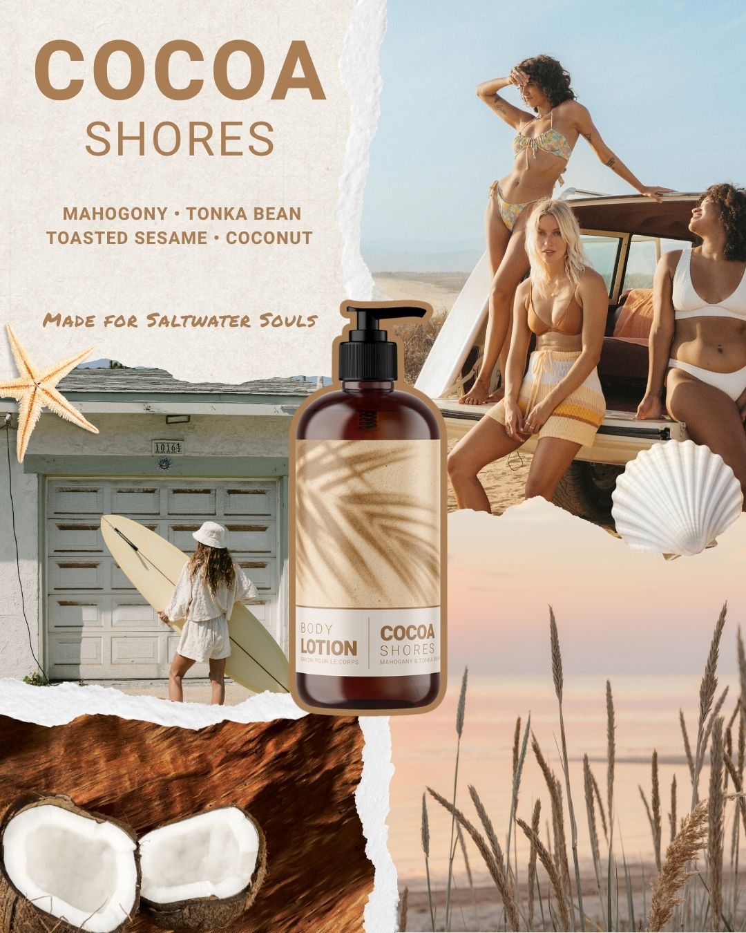 Brown glass pump bottle of Cocoa Shores body lotion with mahogany, tonka bean, toasted sesame, and coconut ingredients listed