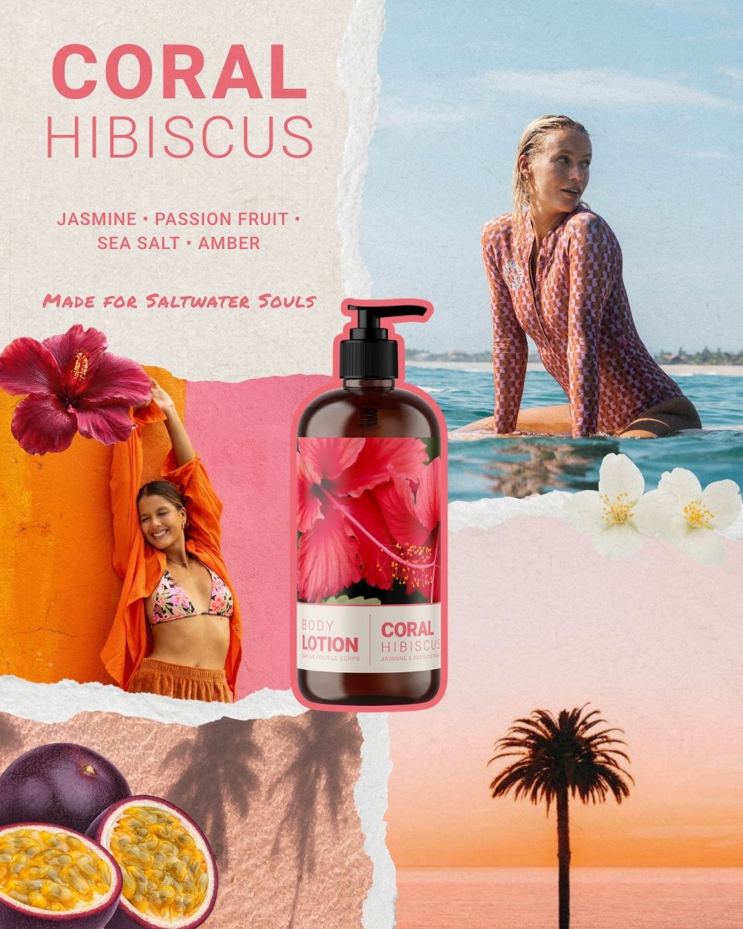 Coral Hibiscus body lotion in pink bottle with black pump dispenser surrounded by beach scenes and tropical flowers.