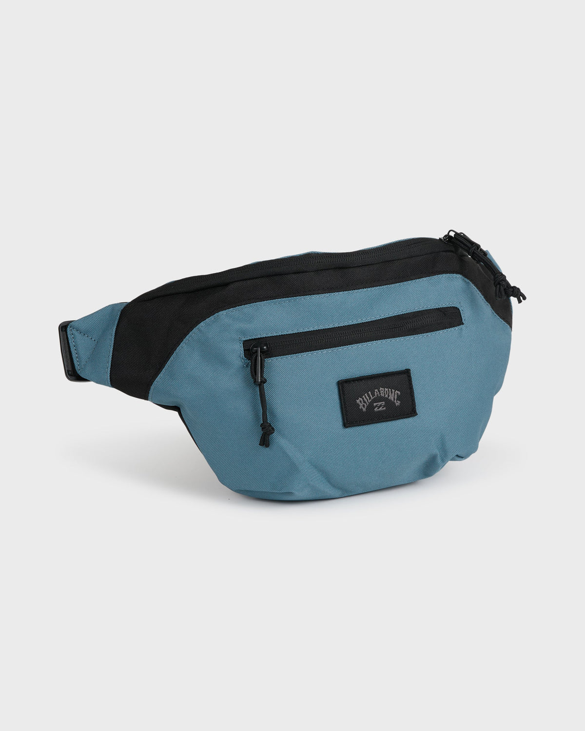 Glacier blue and black waistpack with front zipper pocket and adjustable strap.