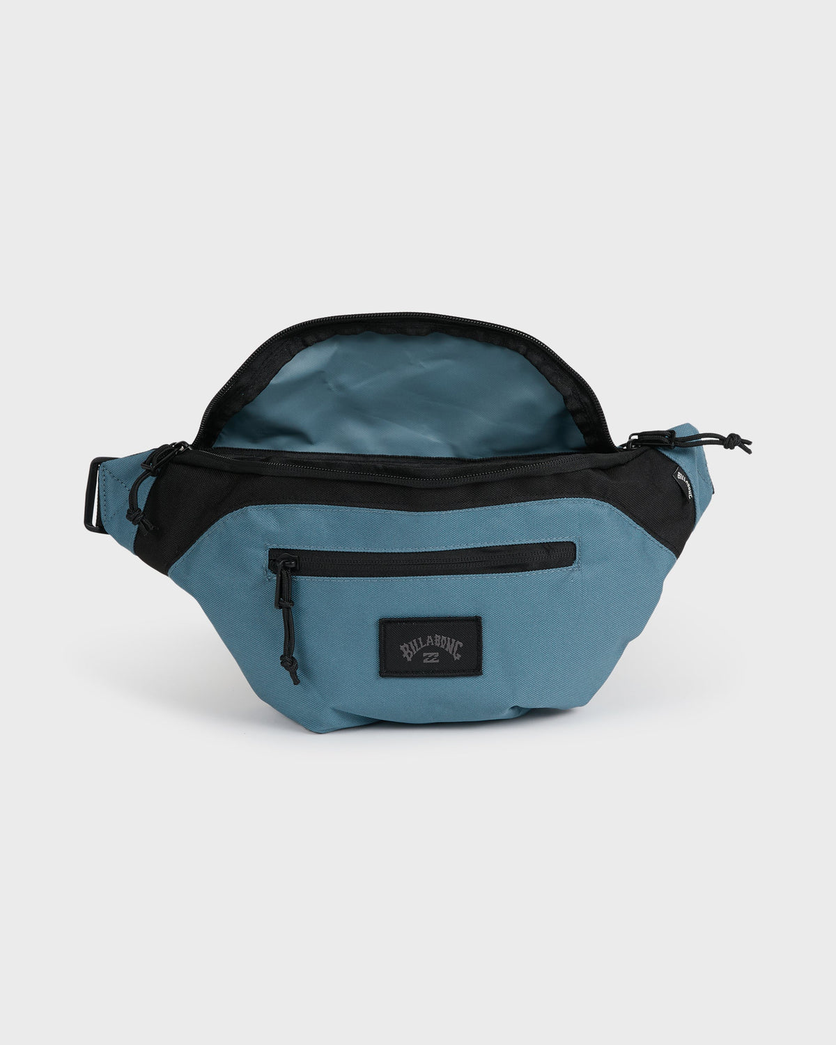 Glacier blue and black waistpack with front zipper pocket and adjustable straps.