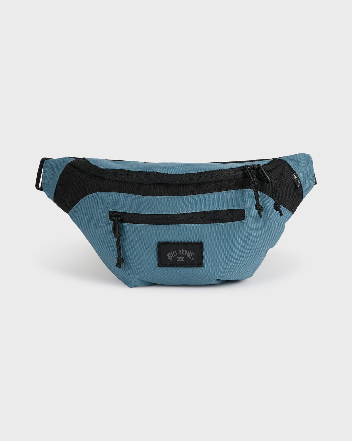 Glacier blue waistpack with black trim, front zippered pockets, and adjustable straps with Billabong branding.