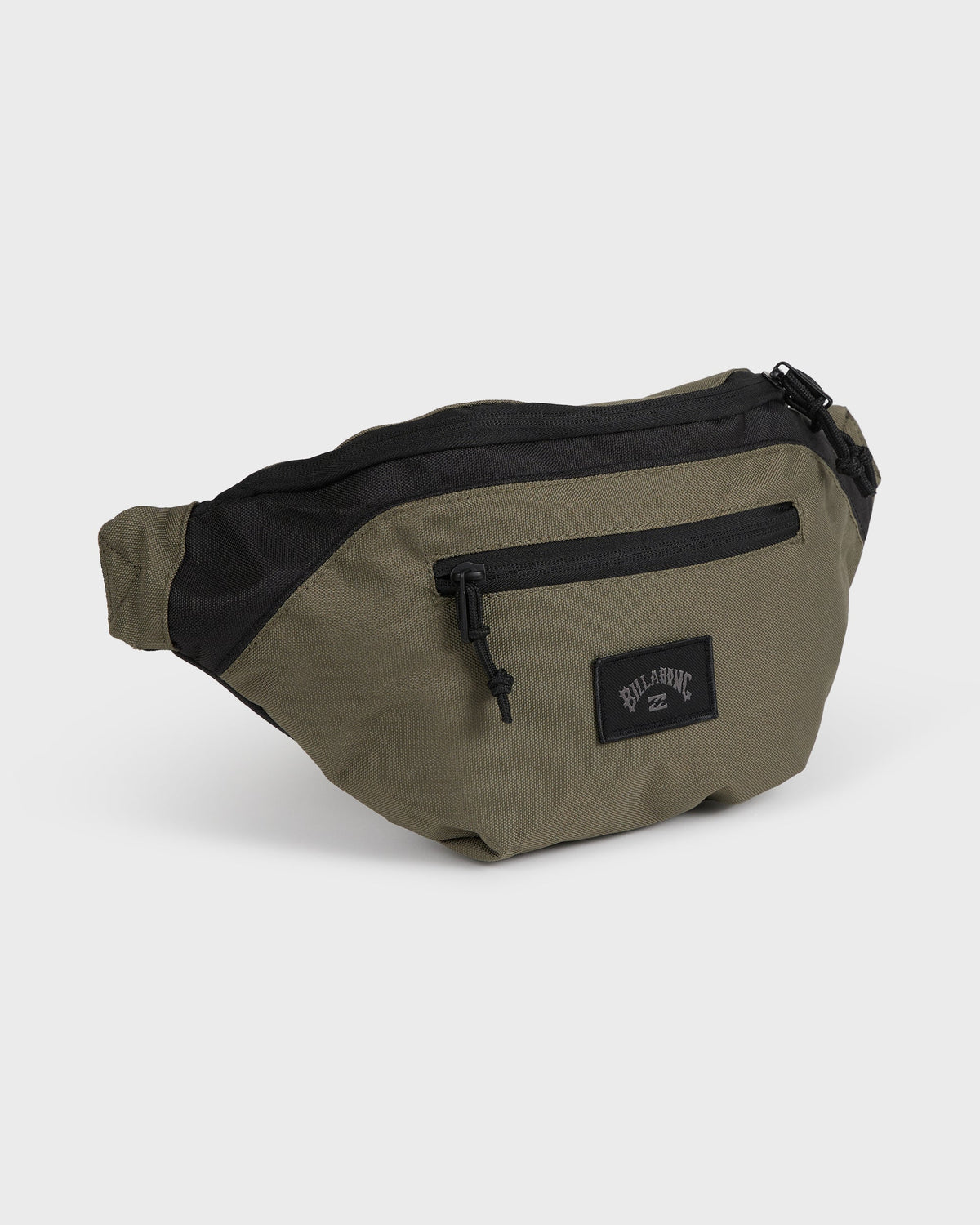 Khaki and black waistpack with front zippered pocket and branded label patch.