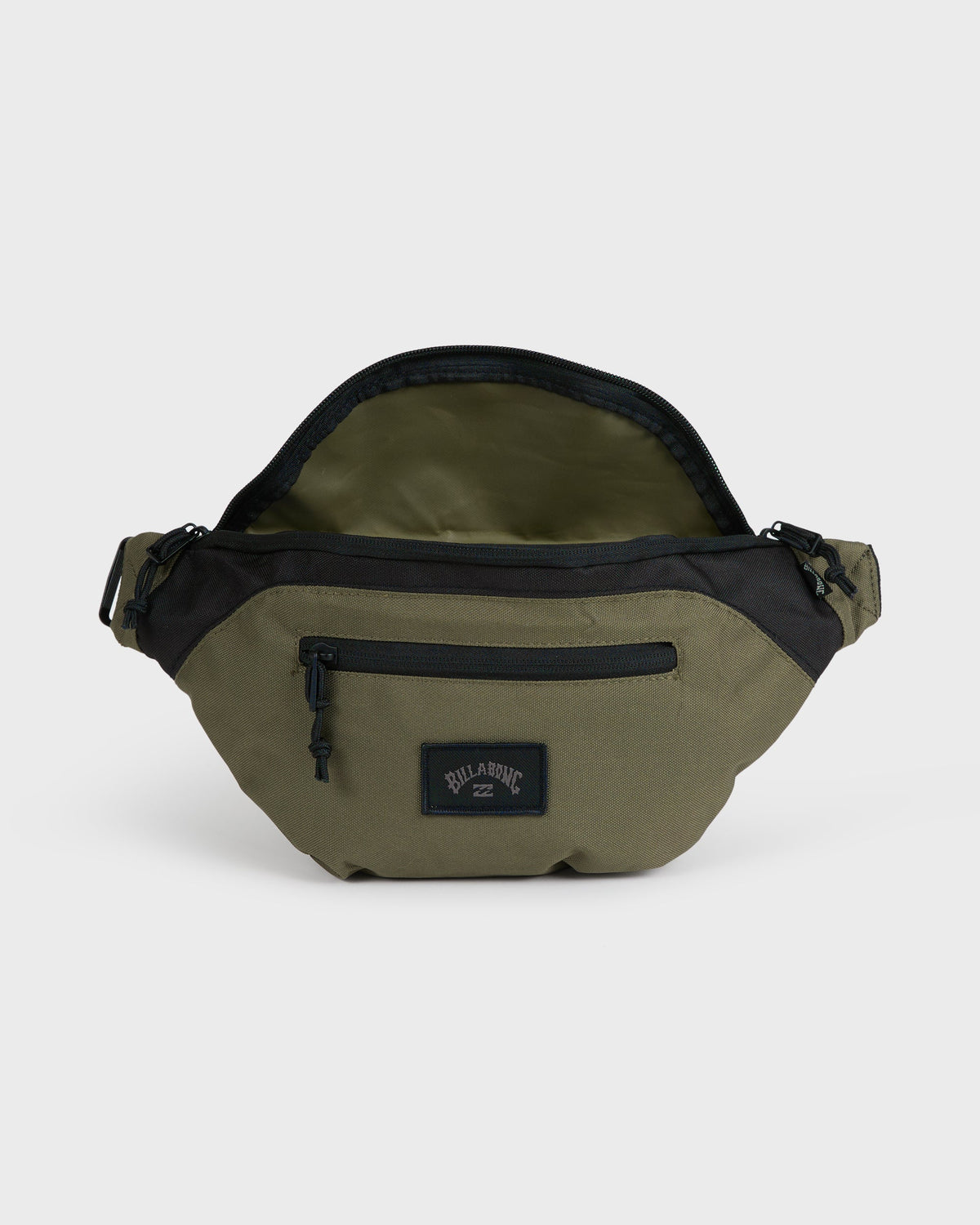 Olive and black waistpack with front zippered pocket, interior compartment, and adjustable straps.