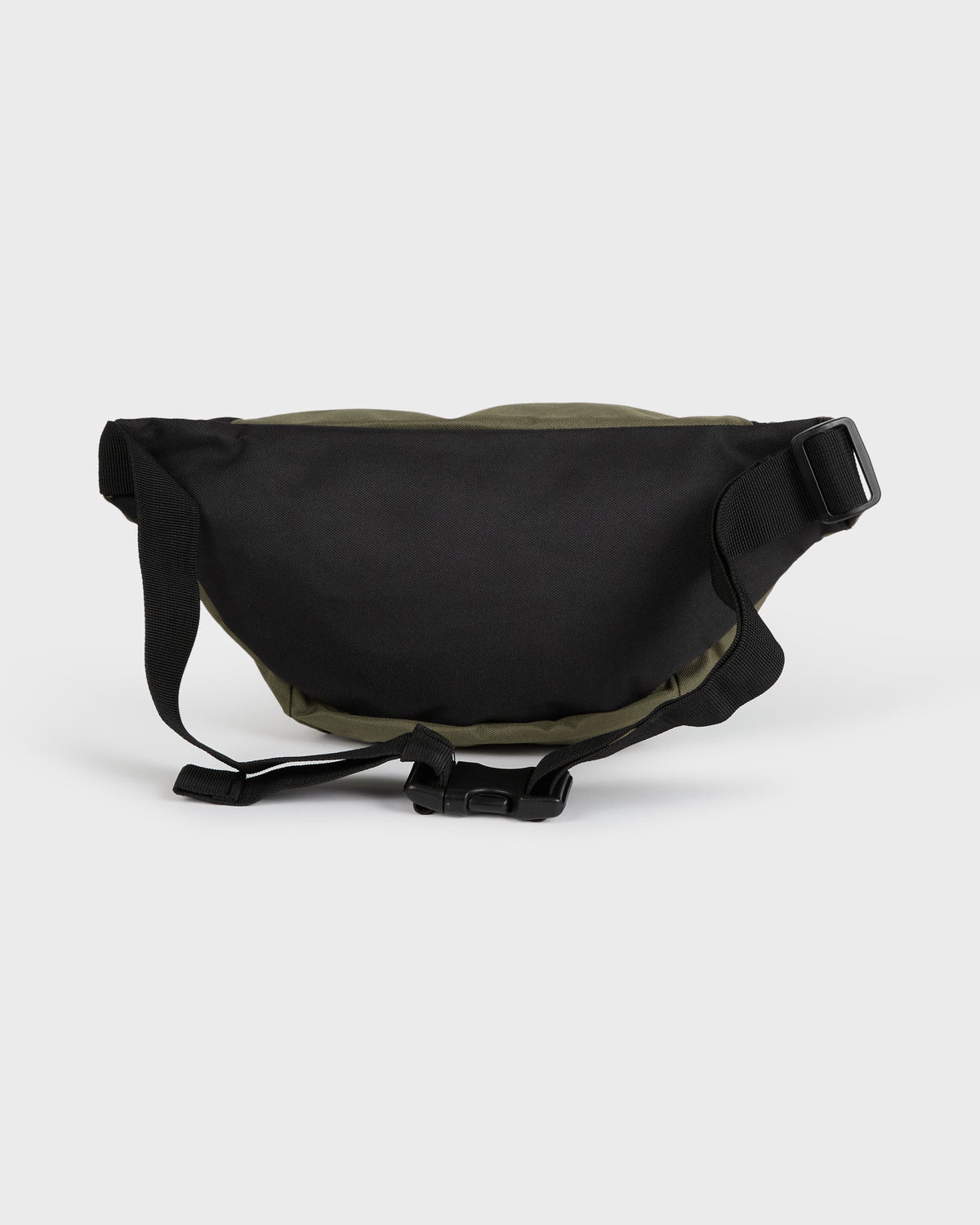 Black and olive waistpack with adjustable straps and buckle closure.