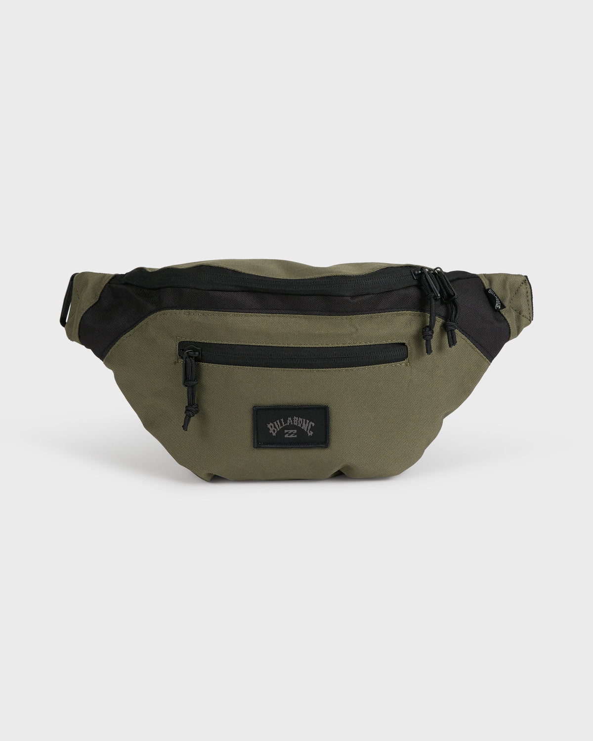 Olive and black waistpack with front zip pocket and branded label patch.