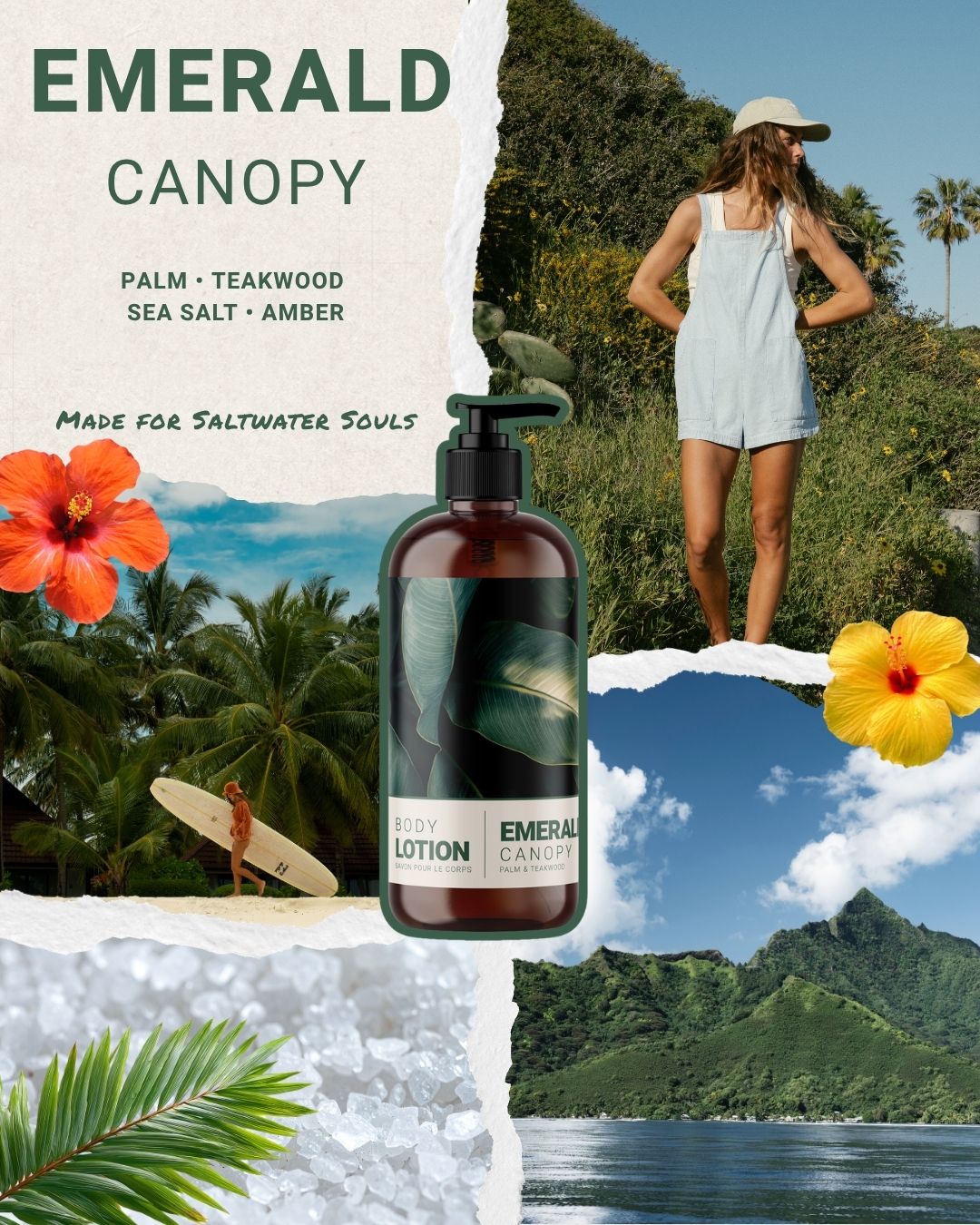 Dark green pump bottle of Emerald Canopy body lotion surrounded by tropical imagery including hibiscus flowers, palm trees, a